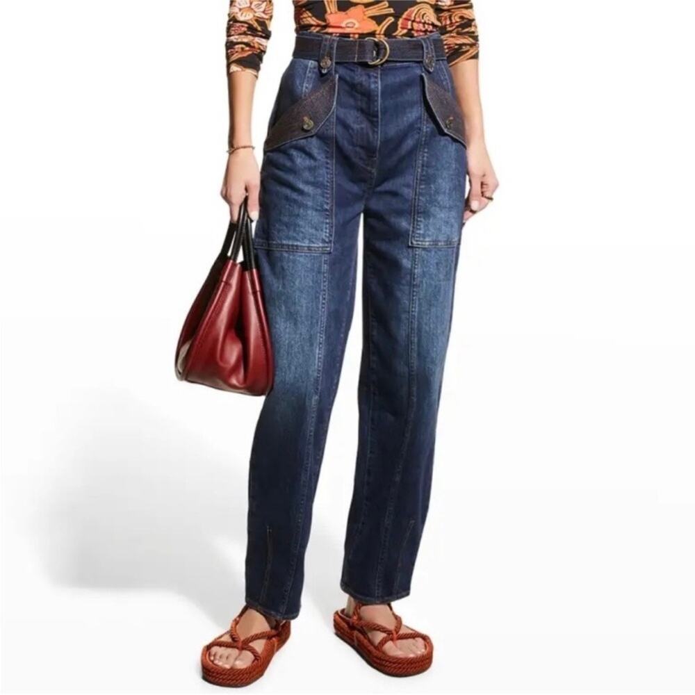 Ulla Johnson Waverly Jeans Size 6 Cotton Belted Dark Wash Blue Embroidered - Picture 3 of 14